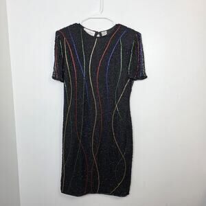 Laurence Kazar Black Beaded Sparkle 100% Pure Silk Party Mini Dress Size Large